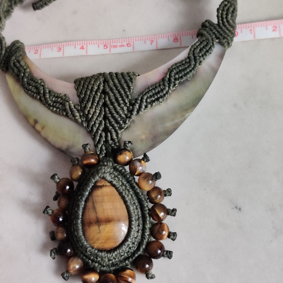OOAK Artisan Macrame Necklace with Genuine Mother of Pearl and Tiger Eye Stones - Picture 11 of 13